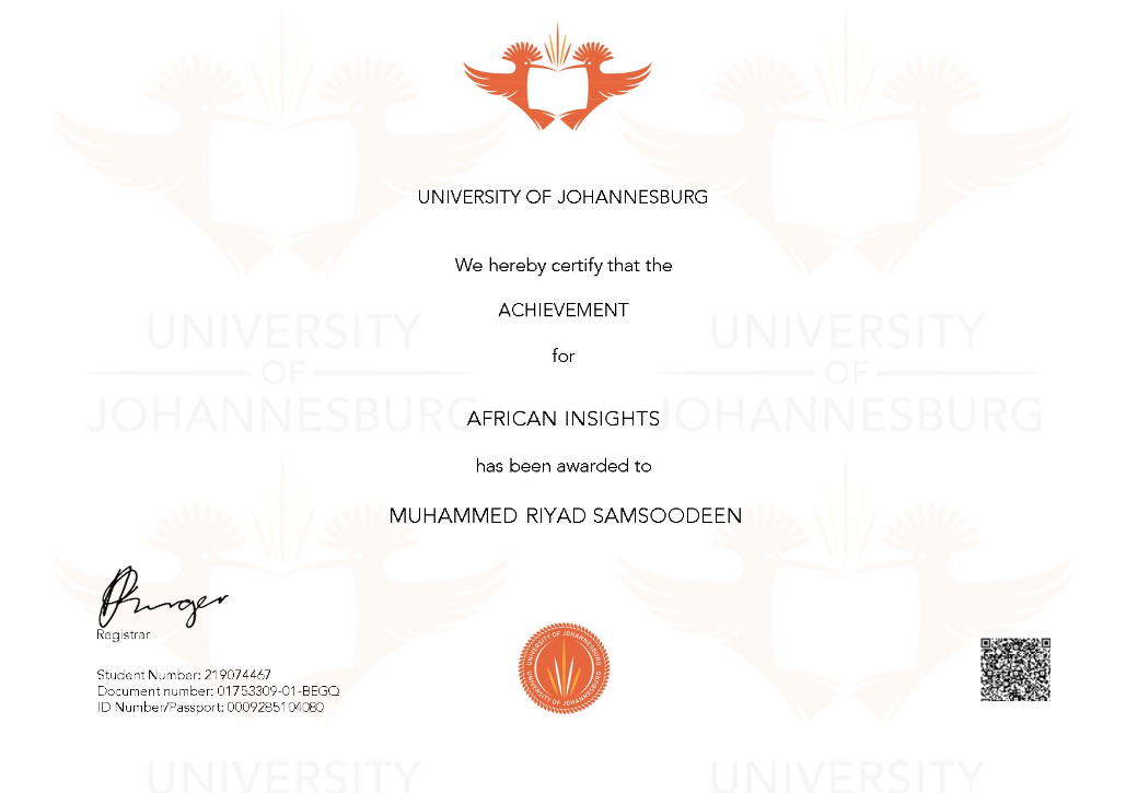 University of Johannesburg African Insights Certificate